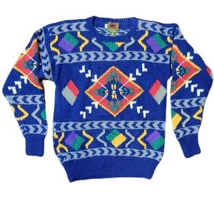 Vintage Boston Traders 100% Wool Sweater Size S Crewneck BRIGHT Unique Design